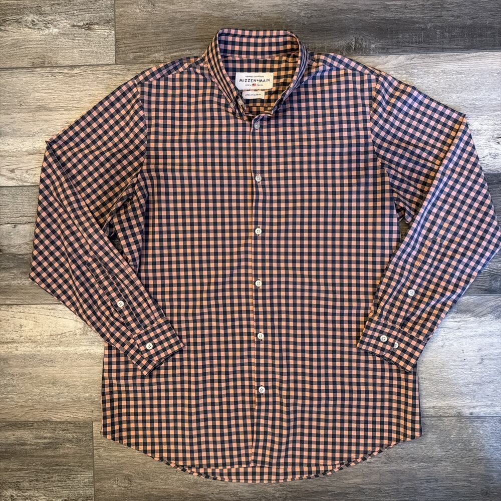 Mizzen + Main Shirt Mens Large Leeward Trim Fit Button Stretch Pink Blue Check